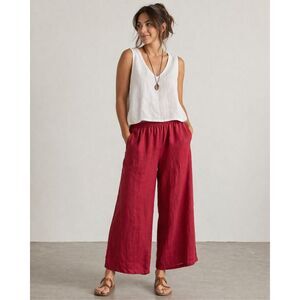 FLAX Linen Pants Womens L Red Wide Leg Elastic Waist Crop